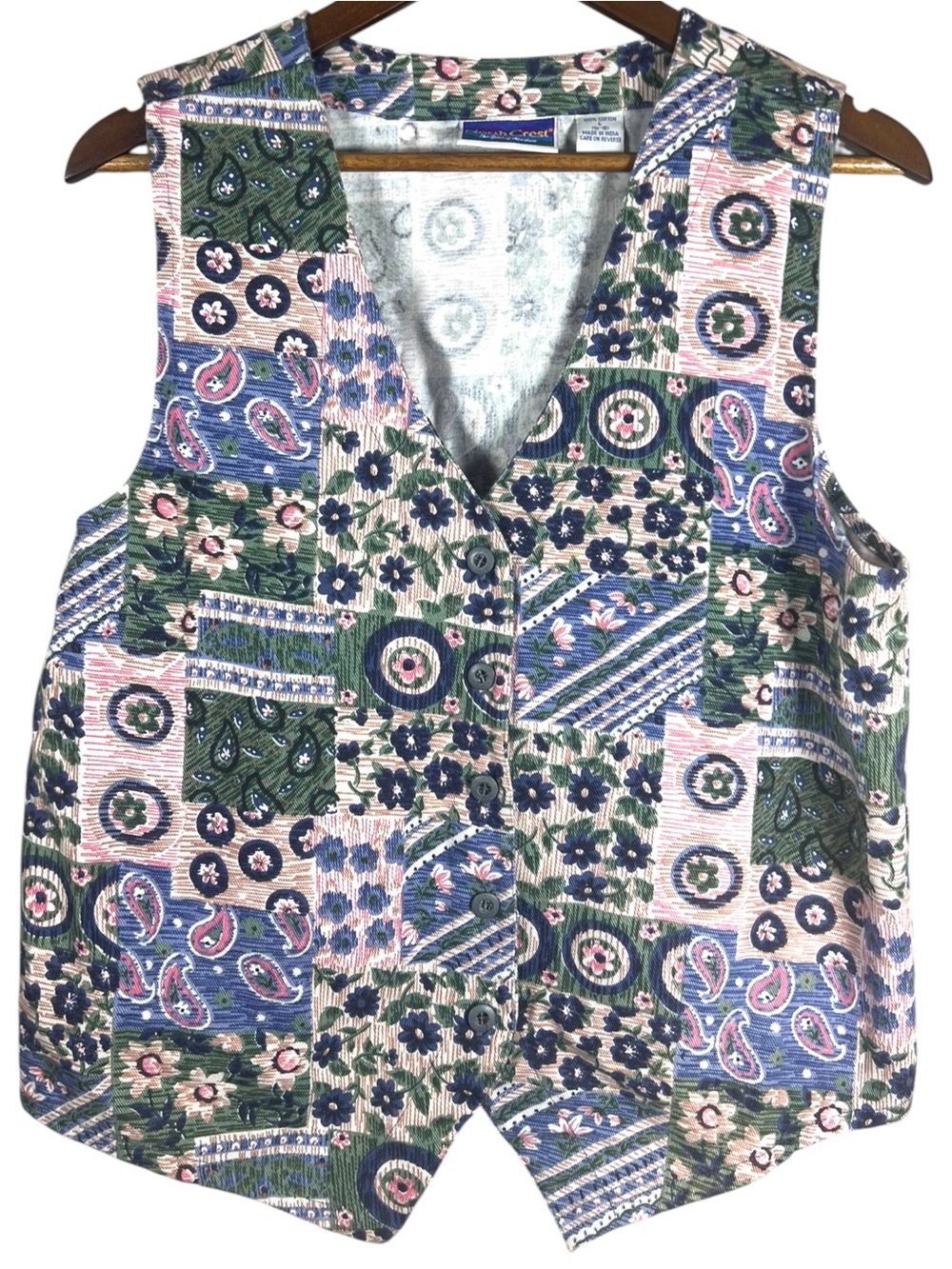 VTG 90s North Crest Patchwork Paisley Floral Vest Womens L Cotton Cottage Folk